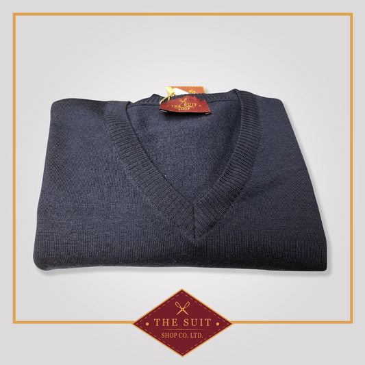 Navy Merino V-Neck Wool Sweater