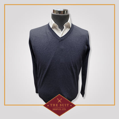 Navy Merino V-Neck Wool Sweater