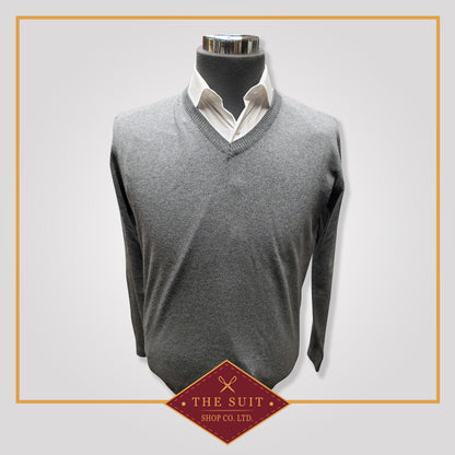 Grey Merino V-Neck Wool Sweater