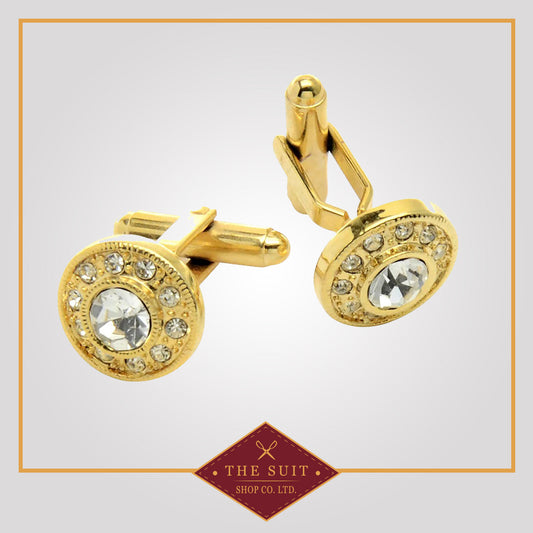 Gold-tone Cuff Links Round w/ Stones Men's CuffLinks