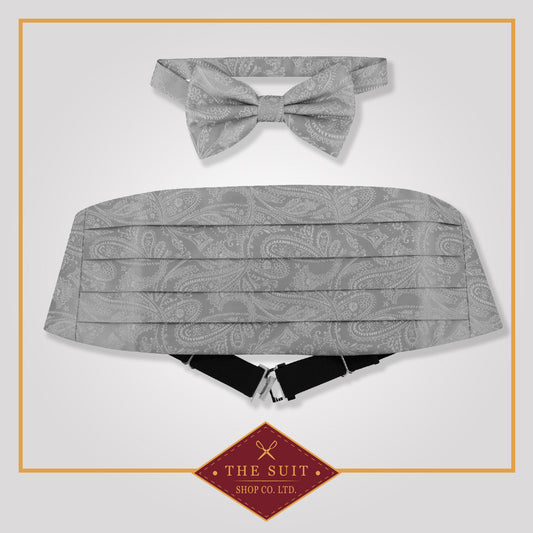 Cummerbund & Bow Tie SILVER GRAY PAISLEY Set