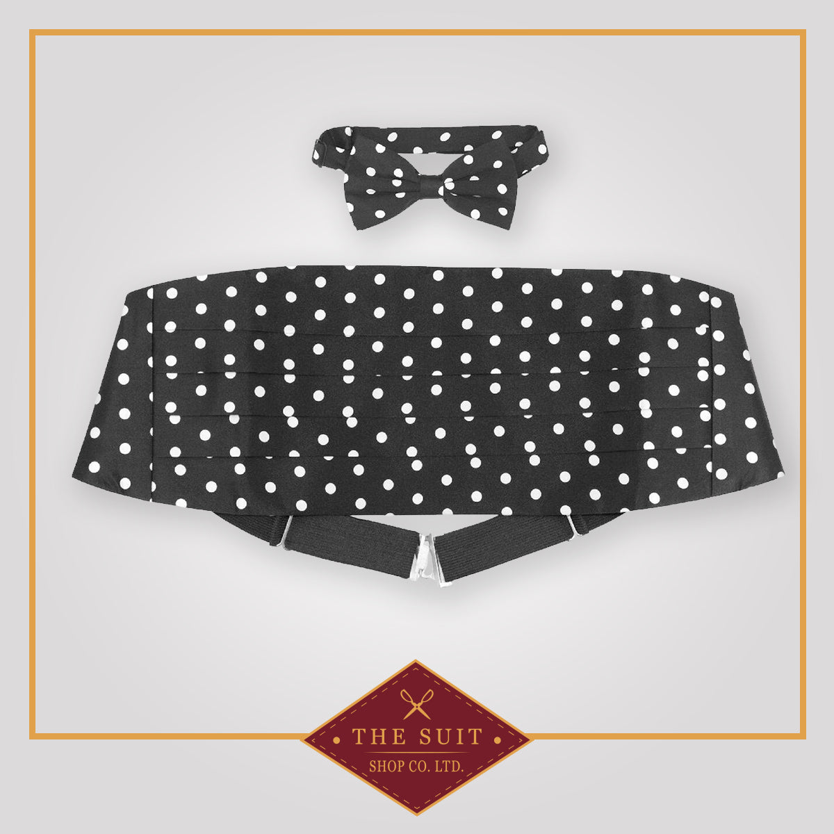 Cummerbund & Bow Tie BLACK w/ WHITE POLKA DOTS Set