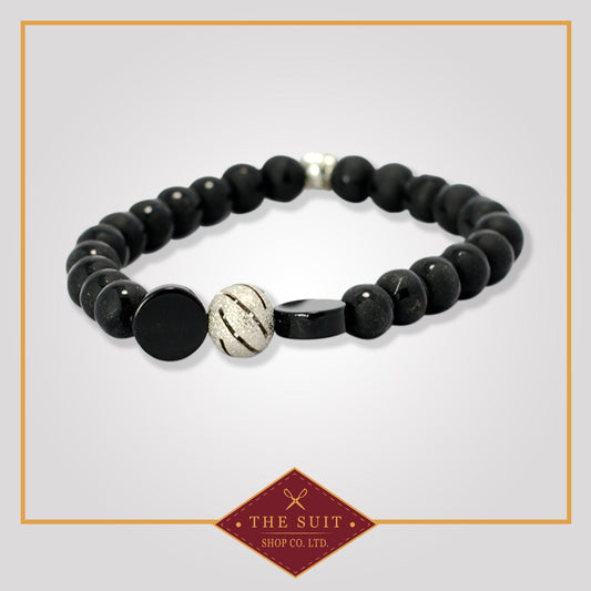 Black Stone Bracelets with Silver-tone Swirl ball with flat stone trims