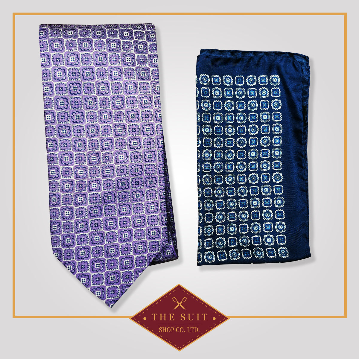 Purple Mountain Patterned Tie and Blue Charcoal Patterned Pocket Square